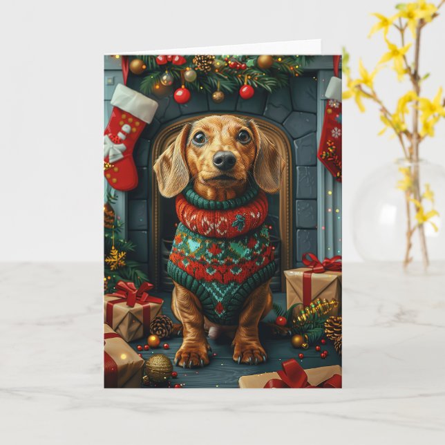 Carte Dachshund Chien Avec Cheminée Cadeaux De Noël (Fleur jaune)