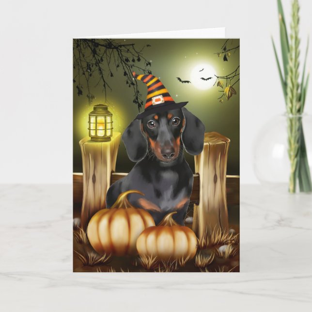 Carte Dachshund Chien avec sorcière Casquette Idée cadea (Devant)
