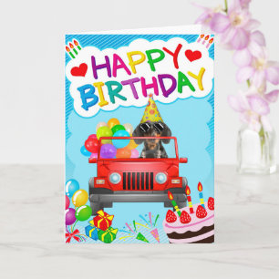 Carte Dachshund Chien conduisant avec des ballons Annive
