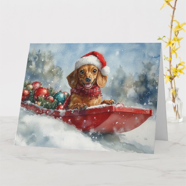 Carte Dachshund Dog in Sledge Let it neige Noël (Fleur jaune)