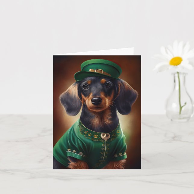 Carte Dachshund en tenue de la Saint-Patrick (Petite plante)