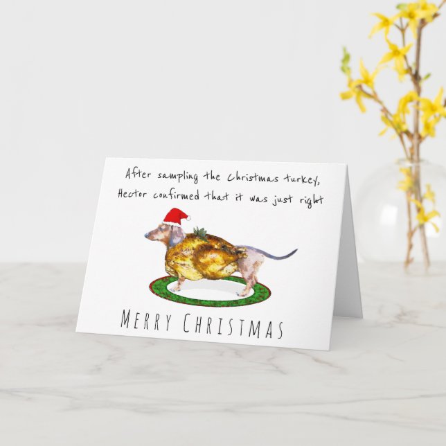 Carte Dachshund gourmand mange la dinde de Noël (Fleur jaune)
