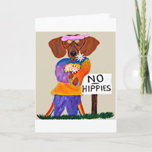 Carte Dachshund Hippie au panneau Pas d'Hippies