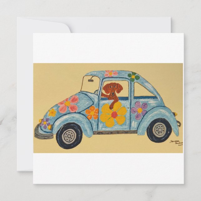 Carte Dachshund in Hippie car (Devant)