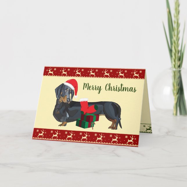 Carte Dachshund Père Noël Joyeux décor de Noël (Devant)