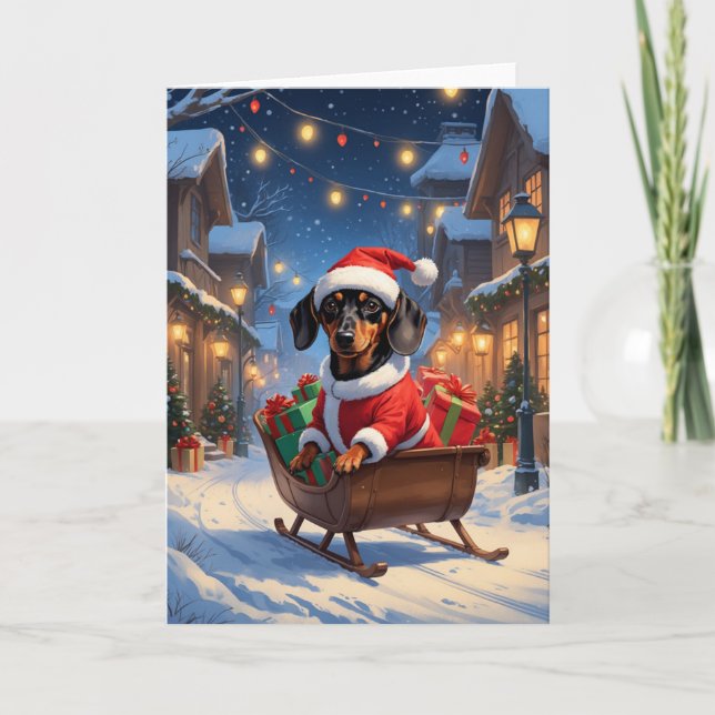 Carte Dachshund Père Noël Sleigh Christmas Art (Devant)