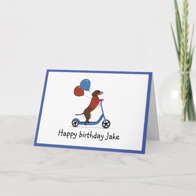 Carte Dachshund sur scooter avec ballons (Devant)
