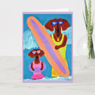 Carte Dachshund surfeur avec chiot