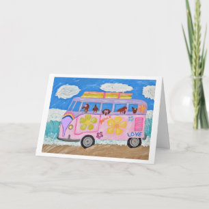 Carte Dachshunds hippies dans une fourgonnette Flower Ch