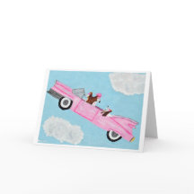 Dachshunds in a Pink Car Folded Greeting Card