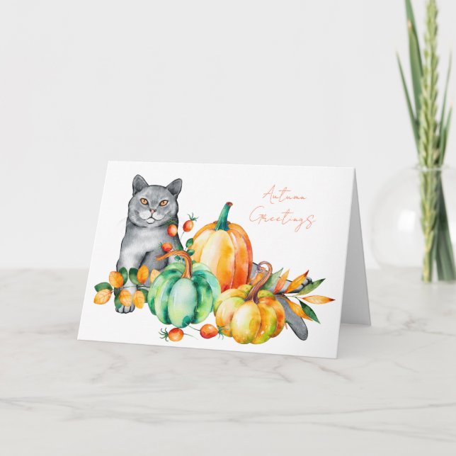 Carte d'action de grâce gris chat et Citrouille aq (Devant)