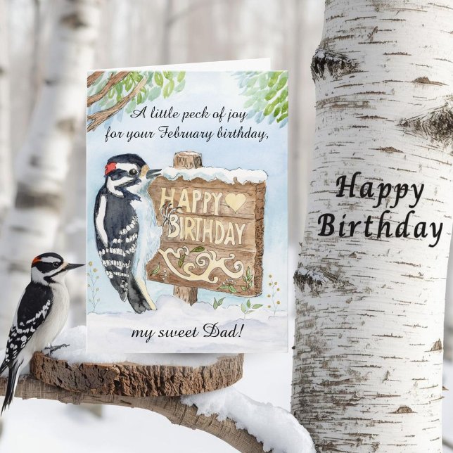 Carte Dad Happy February Birthday Downy Woodpecker (Créateur téléchargé)