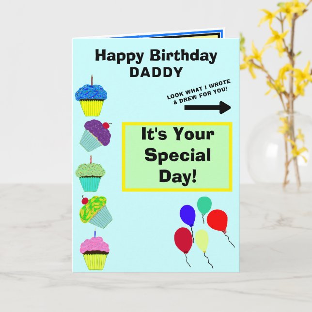 Carte Daddy Anniversaire Blue Cupcake Tower Kids Artwork (Fleur jaune)