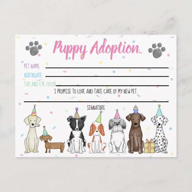 Carte d'adoption de chiot en peluche pour cadeau d (Devant)