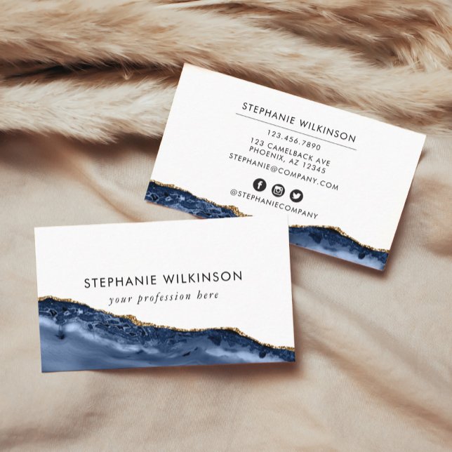 Carte d'affaires Blue Agate & Gold Border Watercol (Blue Agate & Gold Border Watercolor Business Card)