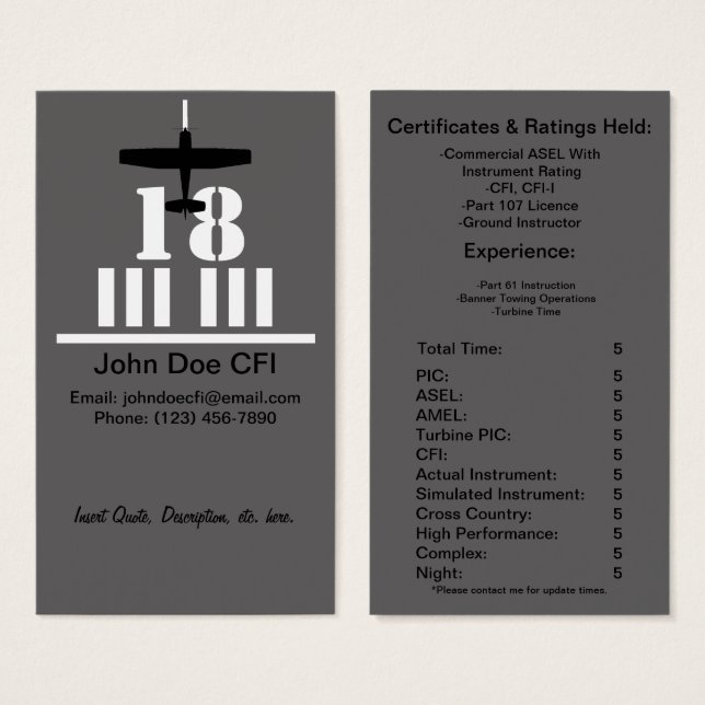 Carte d'affaires / reprise de l'instructeur de vol (Devant & derrière)