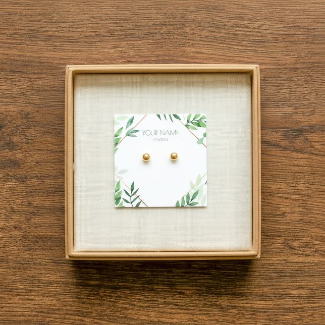 Carte d'affichage de bordure verte et or feuilleté (Leafy green and copper border earring display card.)