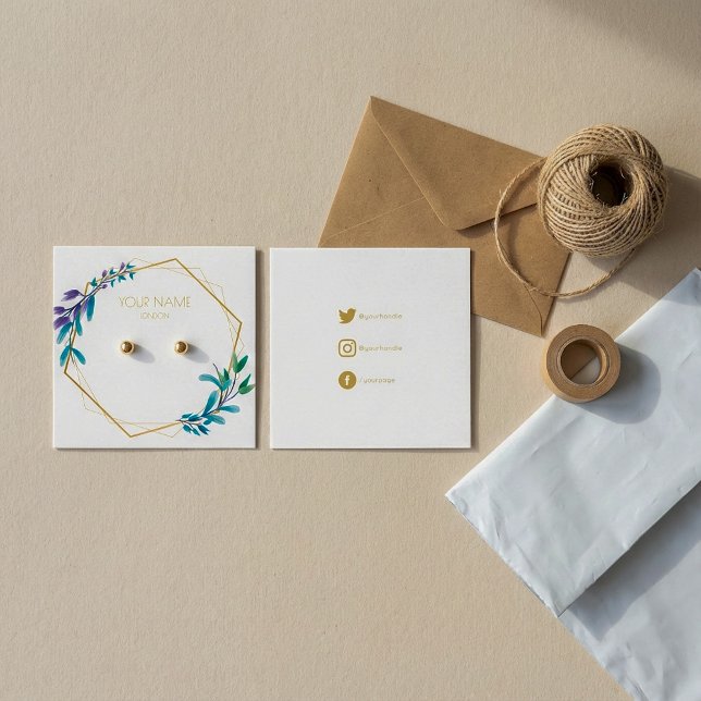 Carte d'affichage de courroie de fleurs d'or géomé (Geometric gold flower wreath earring display card.)