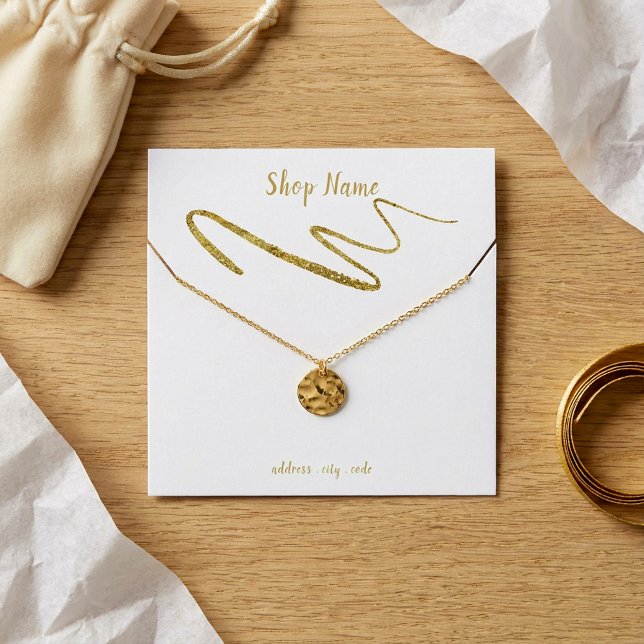 Carte d'affichage du collier brillant or (Gold sparkly squiggle necklace display card.)