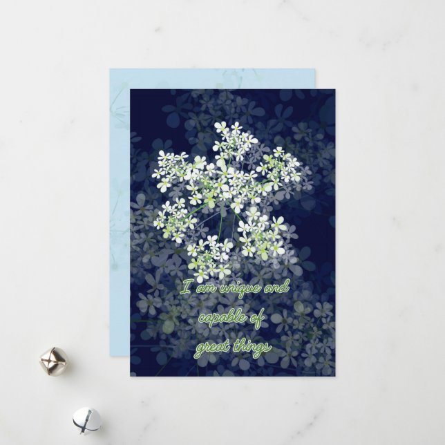 Carte d'affirmation avec fleurs sur arrière - plan (Devant/Arrière en situation)