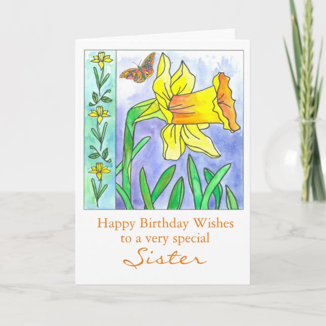 Carte Daffodil Aquarelle Fleur Joyeuse Soeur d'Anniversa (Devant)