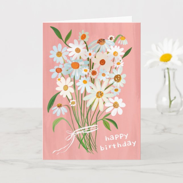 Carte Daisy Bouquet Joyeux Anniversaire Gouache peint à  (Petite plante)