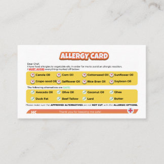 Carte d'allergie aux huiles de semences