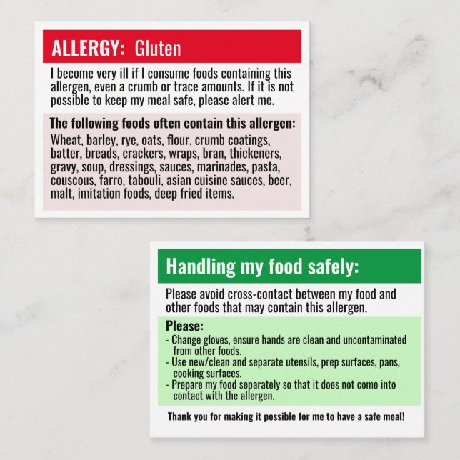 Carte d'allergie de restaurant allergie allergique (Devant / Derrière)