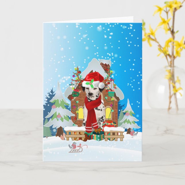 Carte Dalmatie dans la neige avec cadeaux de Noël (Fleur jaune)