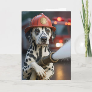 Carte Dalmatien d'anniversaire tenant un tuyau d'incendi