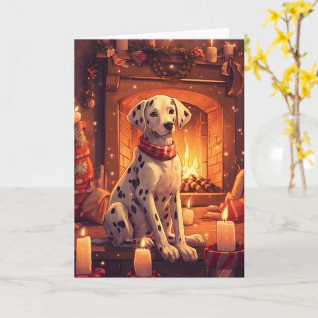 Carte Dalmatien près de la cheminée de Noël avec cookies (Fleur jaune)