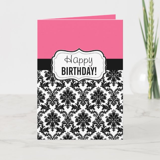 Carte Damassé rose et noire, anniversaire (Devant)
