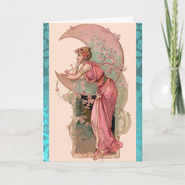 CARTE DAME DE LA LUNE, FLEURS ET ROSES, DAMAS PINK BLUE (Devant)