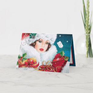 Carte Dame de Noël Art déco rétro