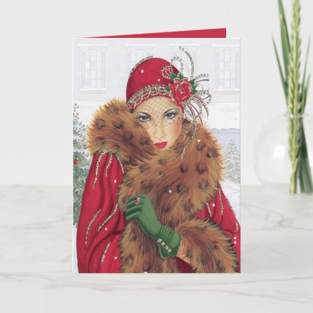 Carte Dame de Noël Art déco rétro (Devant)