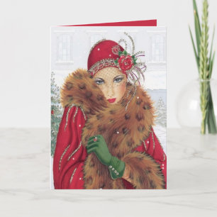 Carte Dame de Noël Art déco rétro
