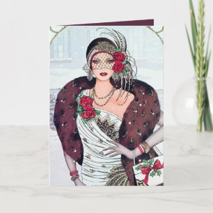 Carte Dame de Noël Art déco rétro