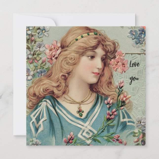 Carte Dame victorienne avec fleurs roses dans ses cheveu (Devant)