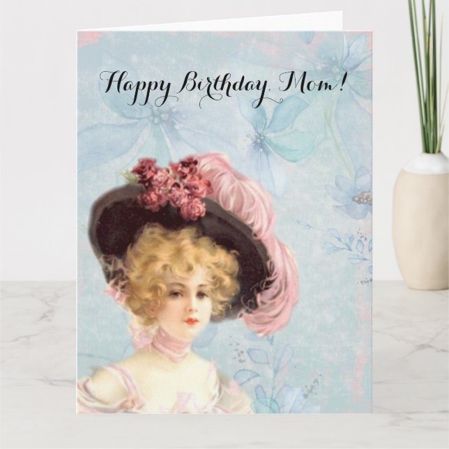 Carte Dame victorienne en Casquette plumé avec roses ros (Devant)