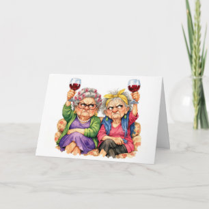 Carte Dames âgées excentriques d'anniversaire avec du vi