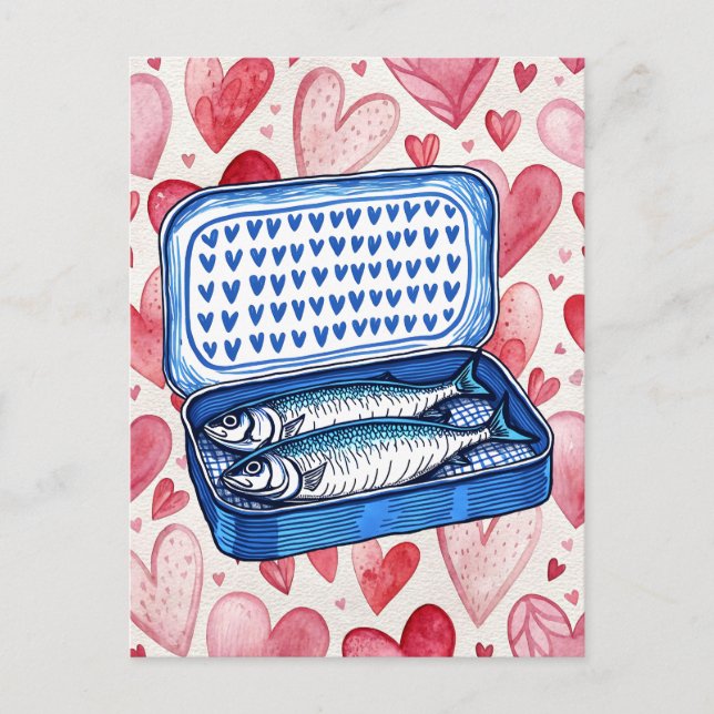Carte d'amour aux coeurs et sardines à l'aquarelle (Devant)