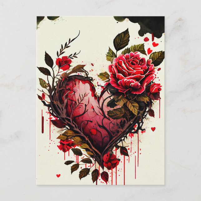 Carte d'amour avec fleurs aquarelles roses rouges (Devant)
