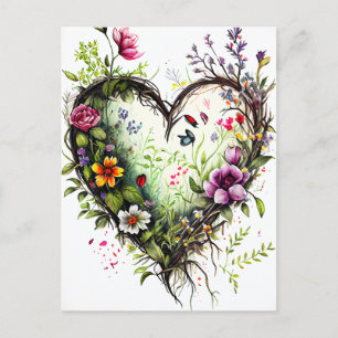 Carte d'amour coeur vintage et fleurs aquarelles