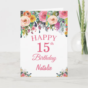 Carte d'anniversaire 15 ans aquarelle fleurs flora