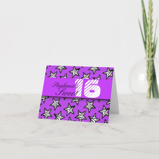 Carte d'anniversaire 16 ans étoiles zèbre violet (Devant)