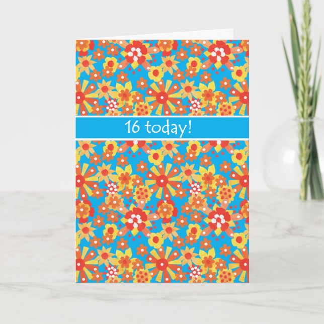 Carte d'anniversaire 16e, Ditsy Orange Flowers (Devant)