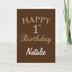 Carte d'anniversaire 1 an pailletée marron et or