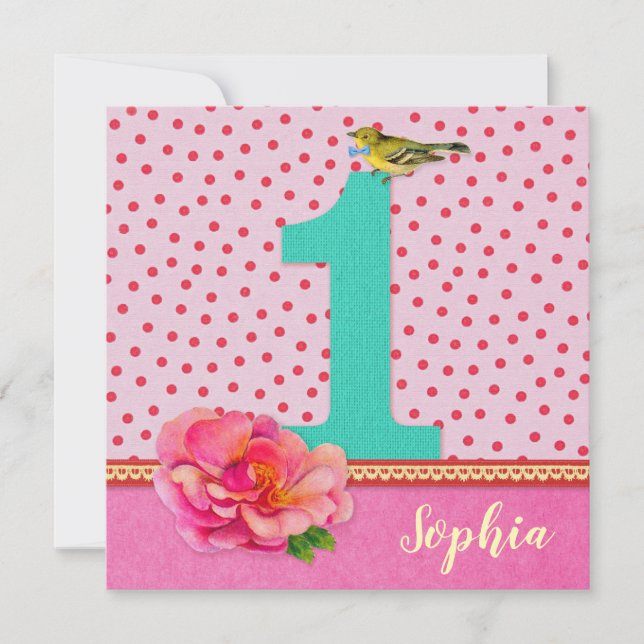 Carte d'anniversaire 1ste rose - fleur bohème vint (Devant)