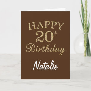 Carte d'anniversaire 20 ans pailletée marron et or