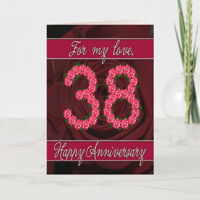 Carte d'anniversaire 38 ans avec roses et feuilles (Devant)